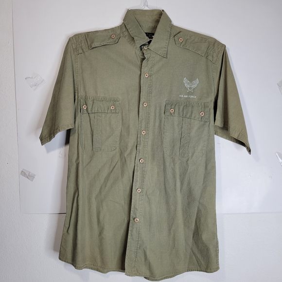 Men's Air Force short sleeve Button front khaki/green Shirt Size L 100% Cotton - Picture 1 of 8